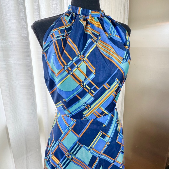 Vintage 60s halter maxi dress, blue orange abstract pattern, Norbert Carlin, 0/2 - Picture 2 of 15
